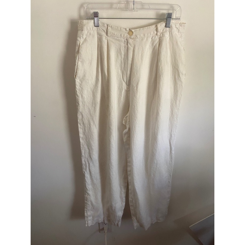 Rafaella White 100% Linen Pleated Pants Womens 14 High Rise Straight Leg Elastic